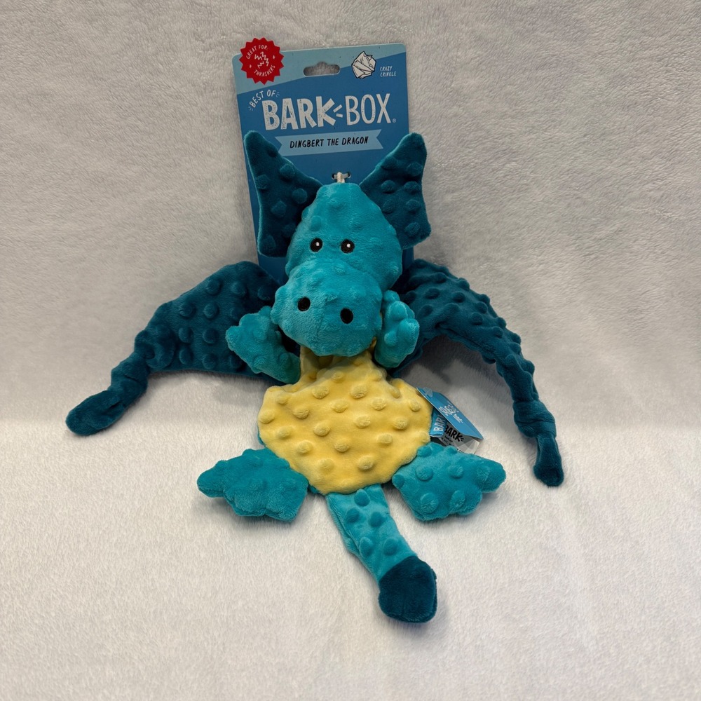 BarkBox Dingbert the Dragon Plush Squeaky Crinkle Dog Toy Teal Yellow New